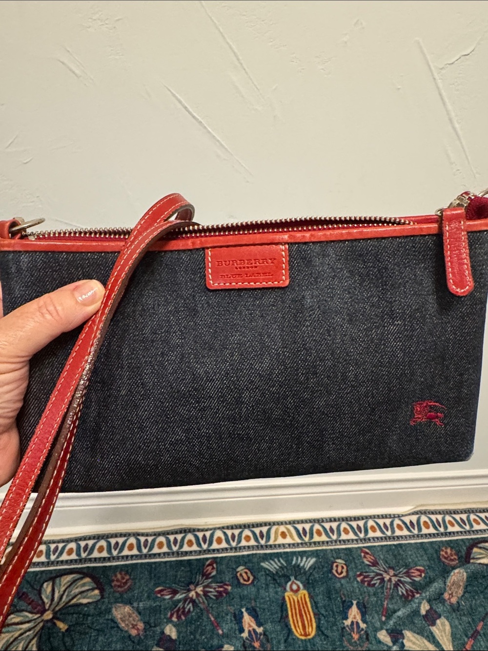 Burberry Dark Denim Crossbody with Red Leather Trim